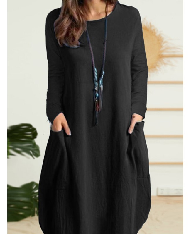 Solid Dual Pocket Long Sleeve Crew Neck Vintage Dress - Black S