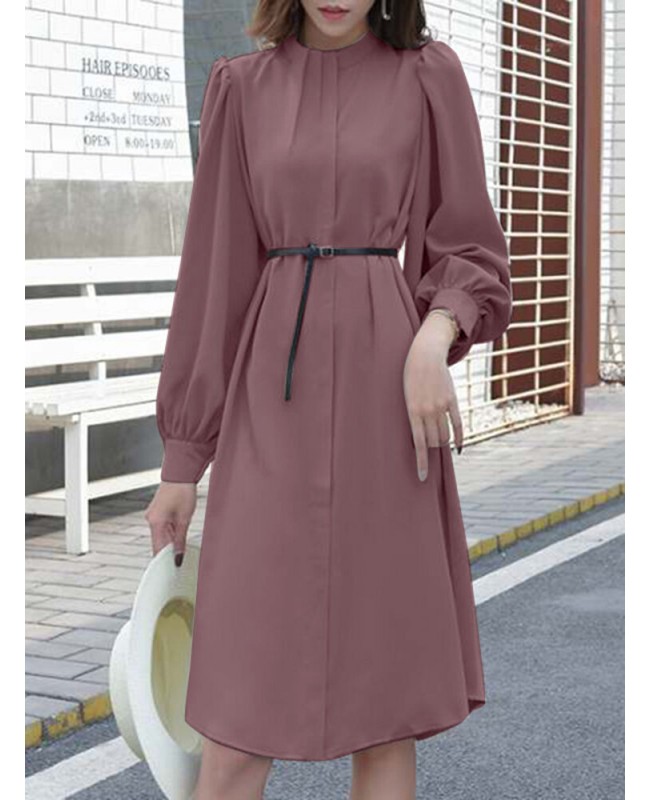 Solid Color Long Sleeve O-neck Puff Dress - Black 3XL