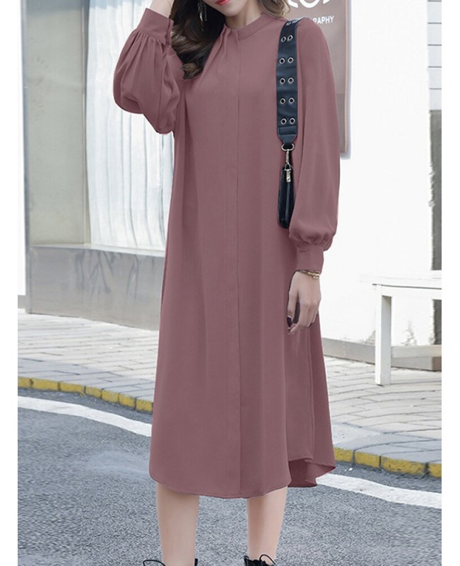 Solid Color Long Sleeve O-neck Puff Dress - Black 3XL