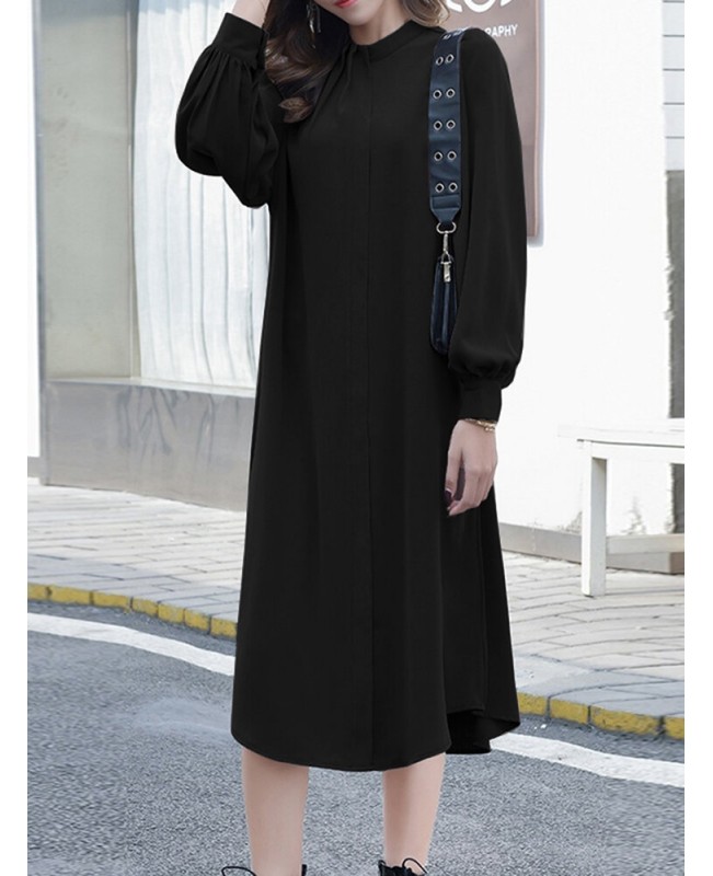 Solid Color Long Sleeve O-neck Puff Dress - Black 3XL