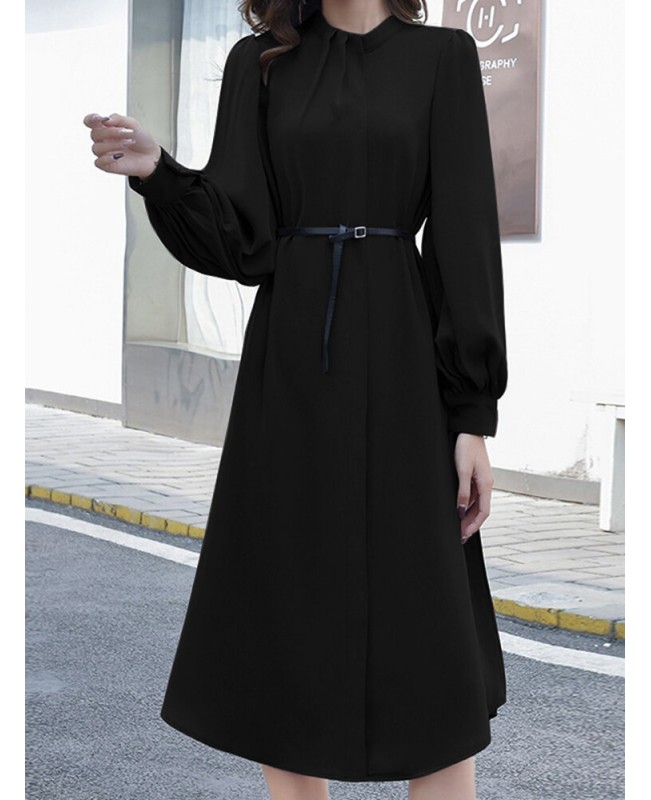 Solid Color Long Sleeve O-neck Puff Dress - Black 3XL