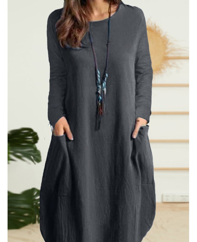 Solid Dual Pocket Long Sleeve Crew Neck Vintage Dress - Black S