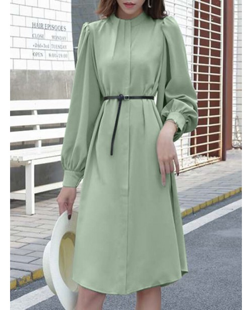 Solid Color Long Sleeve O-neck Puff Dress - Black ...