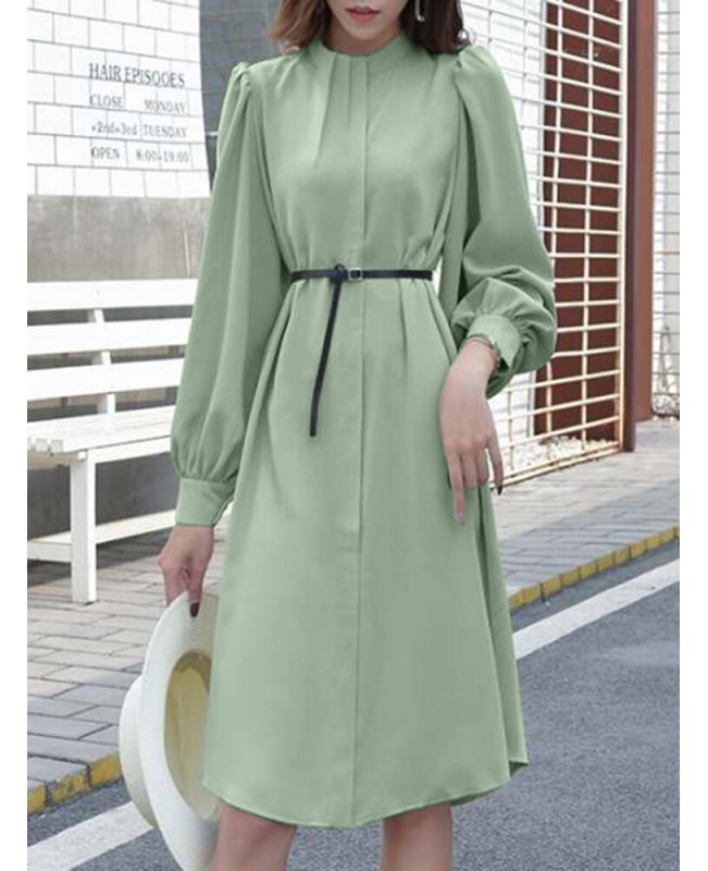 Solid Color Long Sleeve O-neck Puff Dress - Black 3XL
