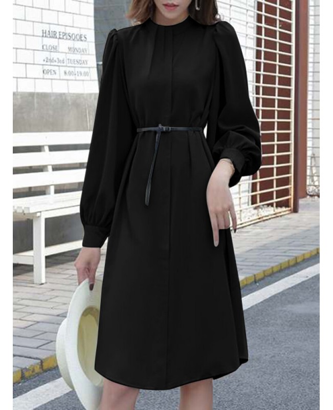 Solid Color Long Sleeve O-neck Puff Dress - Black 3XL