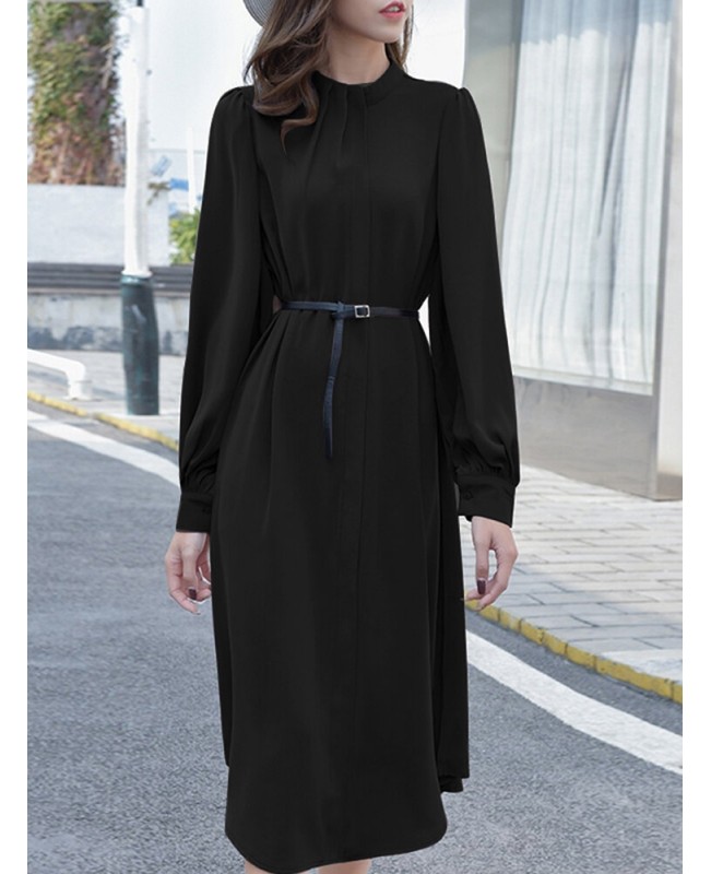 Solid Color Long Sleeve O-neck Puff Dress - Black 3XL