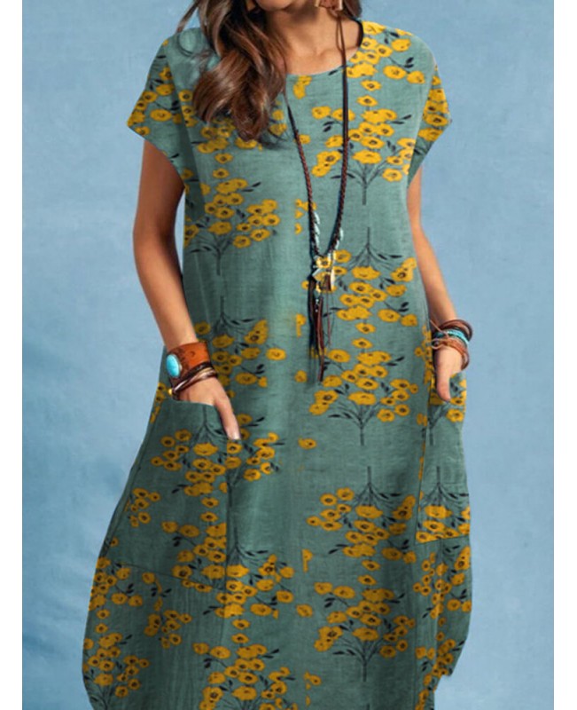 Plant Print Pocket Short Sleeve Casual Dress - Grey S
