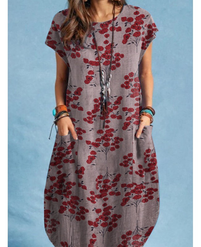 Plant Print Pocket Short Sleeve Casual Dress - Grey S