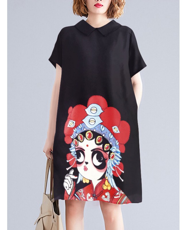 Peking Opera Pattern Pocket Short Sleeve Midi Dress - Navy S