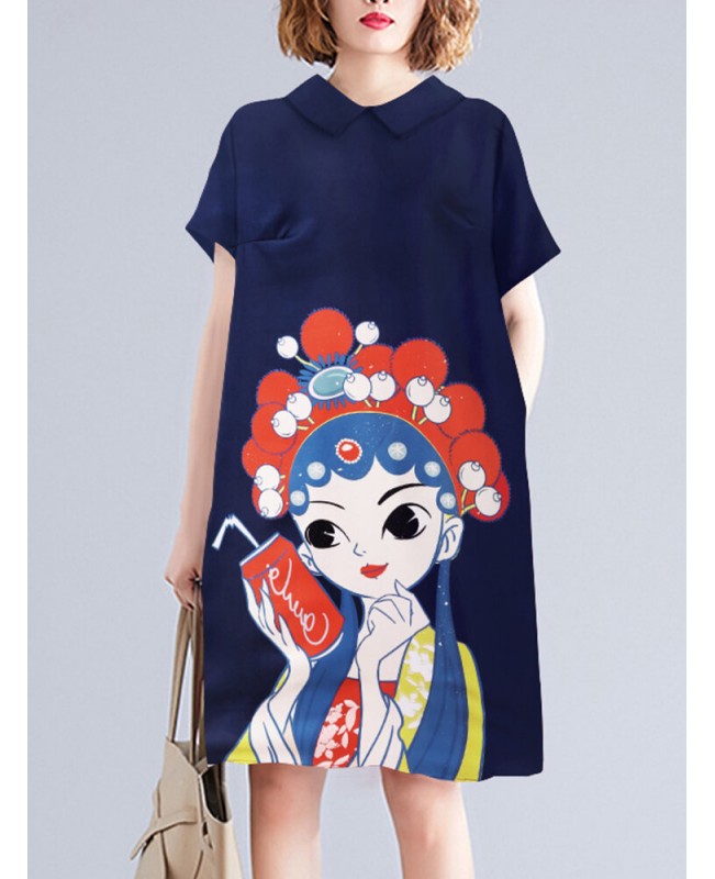 Peking Opera Pattern Pocket Short Sleeve Midi Dress - Navy S