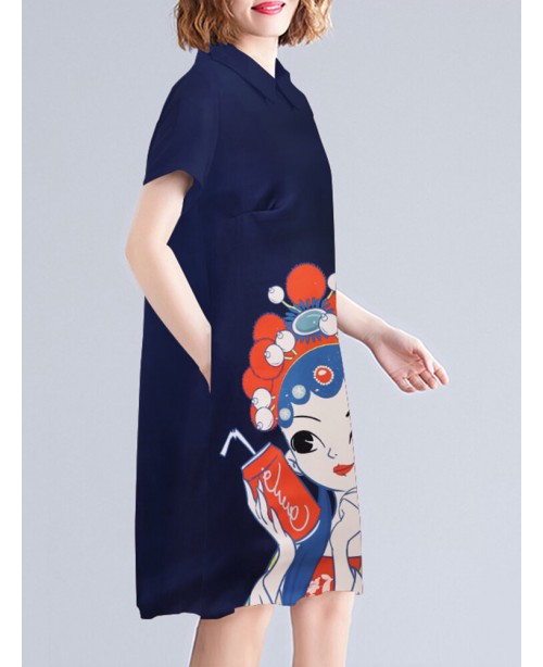 Peking Opera Pattern Pocket Short Sleeve Midi Dres...