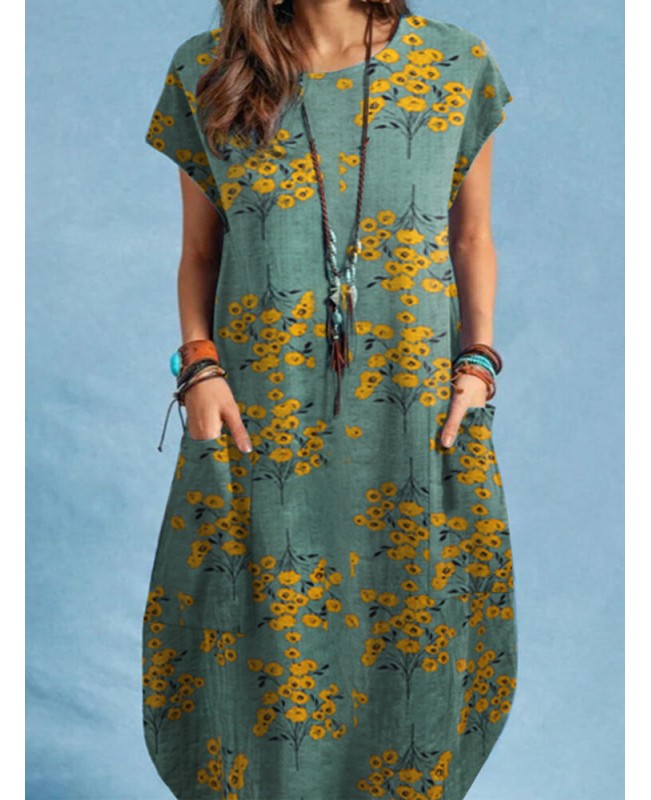 Plant Print Pocket Short Sleeve Casual Dress - Grey S