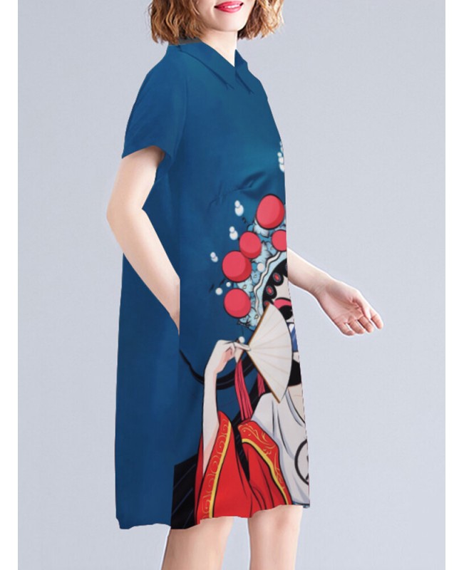 Peking Opera Pattern Pocket Short Sleeve Midi Dress - Navy S