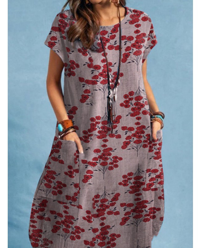 Plant Print Pocket Short Sleeve Casual Dress - Grey S