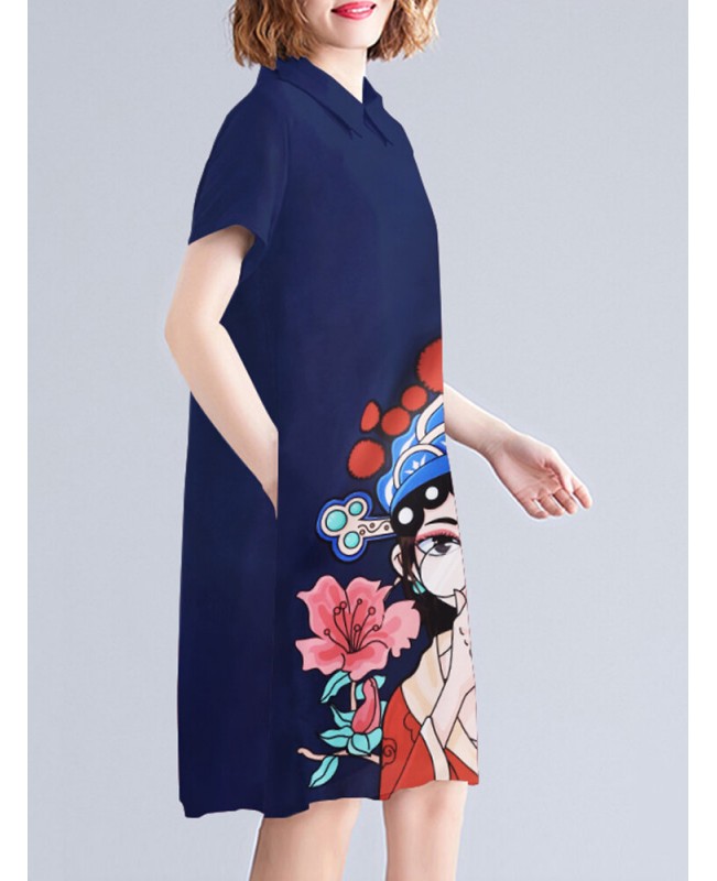 Peking Opera Pattern Pocket Short Sleeve Midi Dress - Navy S