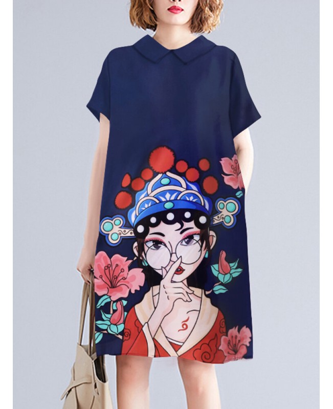 Peking Opera Pattern Pocket Short Sleeve Midi Dress - Navy S