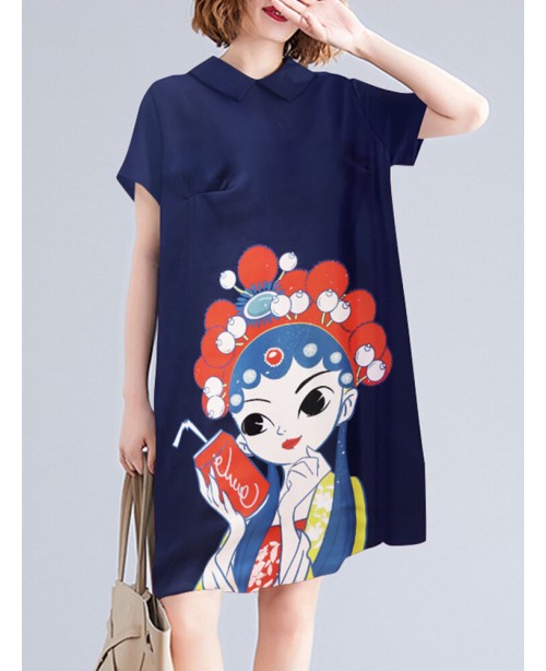 Peking Opera Pattern Pocket Short Sleeve Midi Dres...