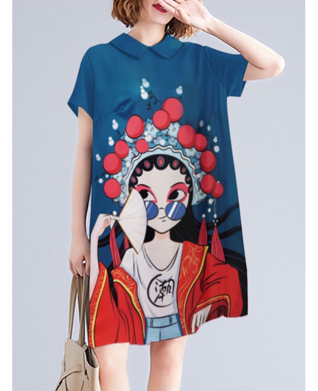 Peking Opera Pattern Pocket Short Sleeve Midi Dress - Navy S