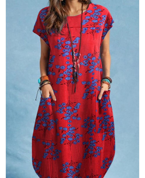 Plant Print Pocket Short Sleeve Casual Dress - Gre...