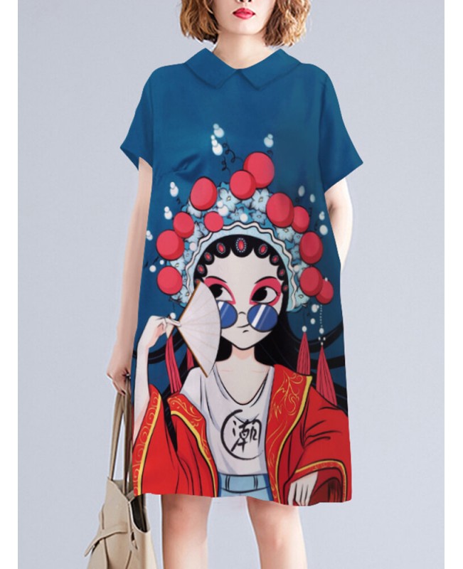 Peking Opera Pattern Pocket Short Sleeve Midi Dress - Navy S