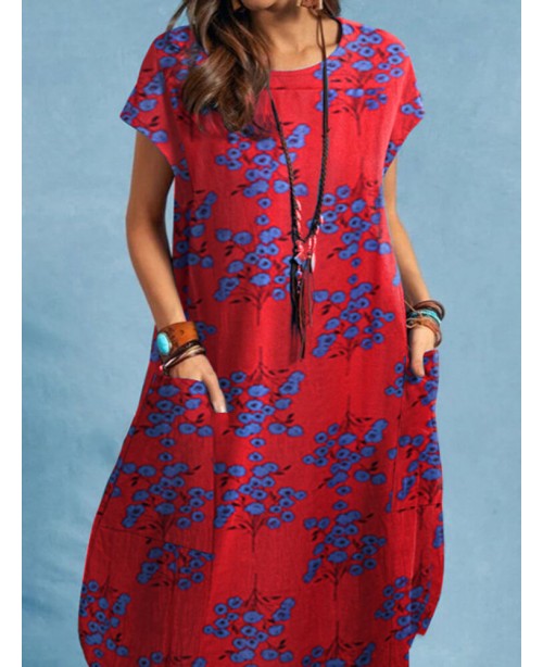 Plant Print Pocket Short Sleeve Casual Dress - Gre...