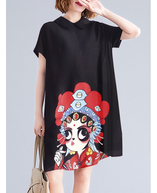 Peking Opera Pattern Pocket Short Sleeve Midi Dress - Navy S
