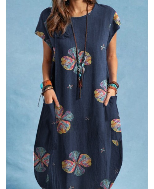 Cotton Plant Print Pocket Short Sleeve Casual Dres...