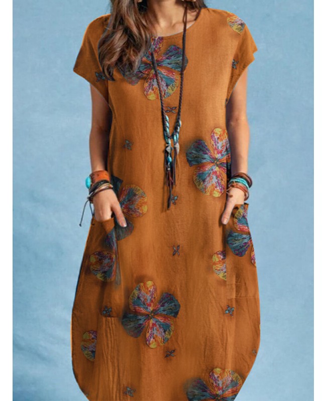 Cotton Plant Print Pocket Short Sleeve Casual Dress - Navy S
