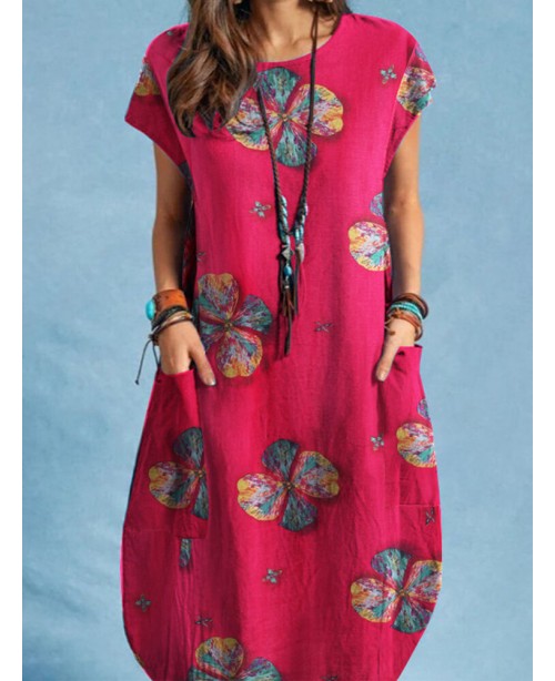 Cotton Plant Print Pocket Short Sleeve Casual Dres...