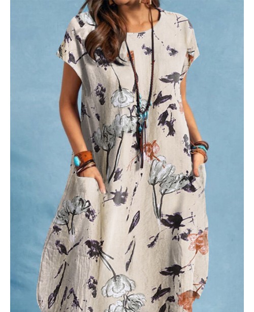 Plant Print Pocket Short Sleeve Casual Midi Dress ...