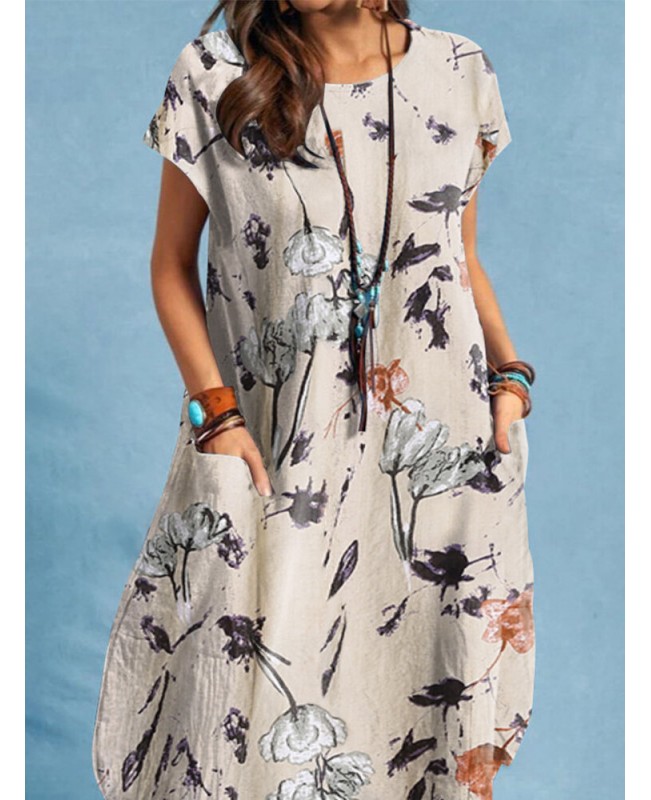 Plant Print Pocket Short Sleeve Casual Midi Dress - Beige S