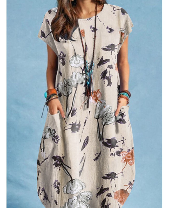 Plant Print Pocket Short Sleeve Casual Midi Dress - Beige S