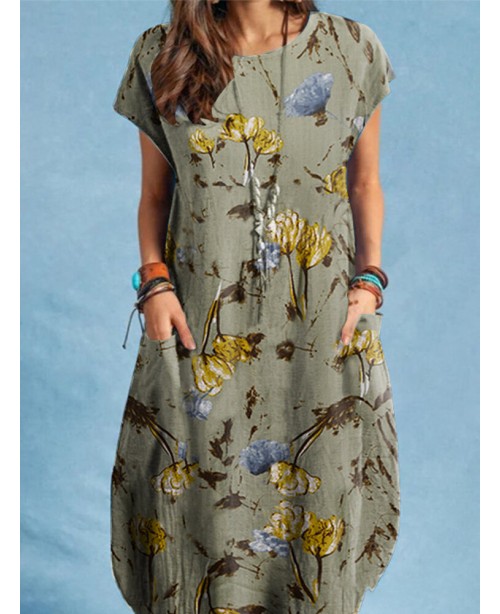 Plant Print Pocket Short Sleeve Casual Midi Dress ...