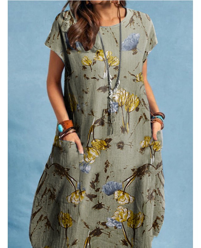 Plant Print Pocket Short Sleeve Casual Midi Dress - Beige S
