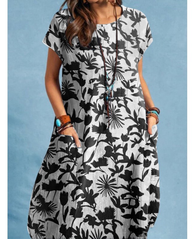 Plants Print Pocket Short Sleeve Crew Neck Casual Dress - Yellow S