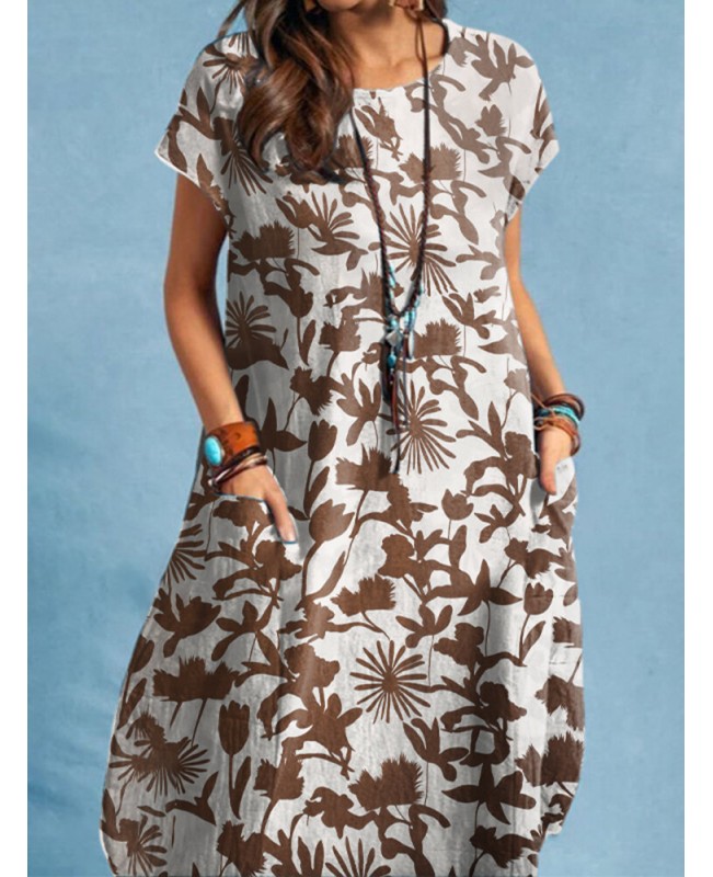 Plants Print Pocket Short Sleeve Crew Neck Casual Dress - Yellow S