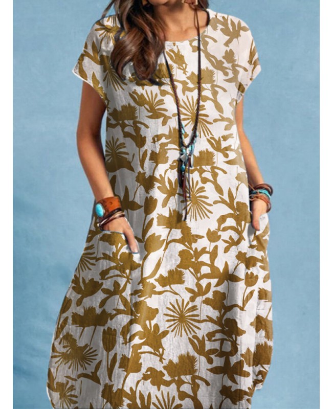 Plants Print Pocket Short Sleeve Crew Neck Casual Dress - Yellow S