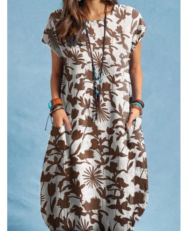 Plants Print Pocket Short Sleeve Crew Neck Casual Dress - Yellow S