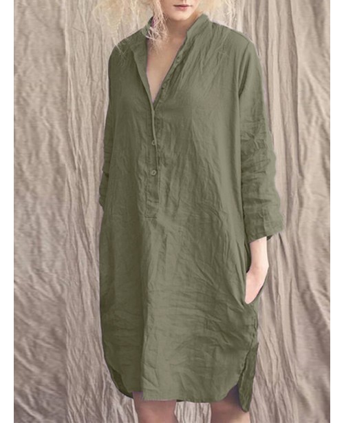 Women Solid Half Button Side Split Simple Long Sle... Women Solid Half Button Side Split Simple Long Sle...