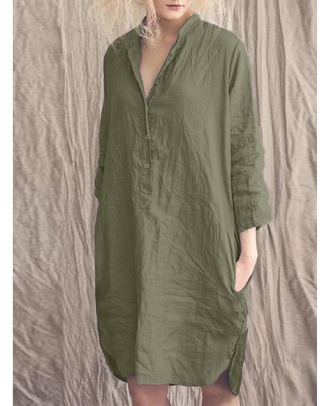 Women Solid Half Button Side Split Simple Long Sleeve Shirt Dresses With Pocket - Green S Women Solid Half Button Side Split Simple Long Sleeve Shirt Dresses With Pocket - Green S