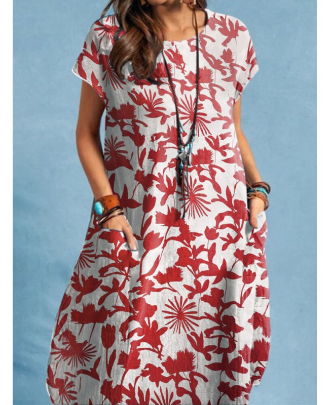 Plants Print Pocket Short Sleeve Crew Neck Casual Dress - Yellow S
