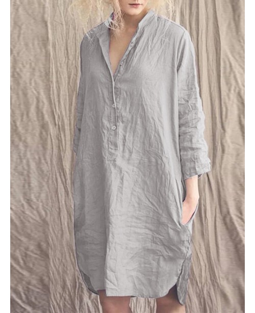 Women Solid Half Button Side Split Simple Long Sle... Women Solid Half Button Side Split Simple Long Sle...