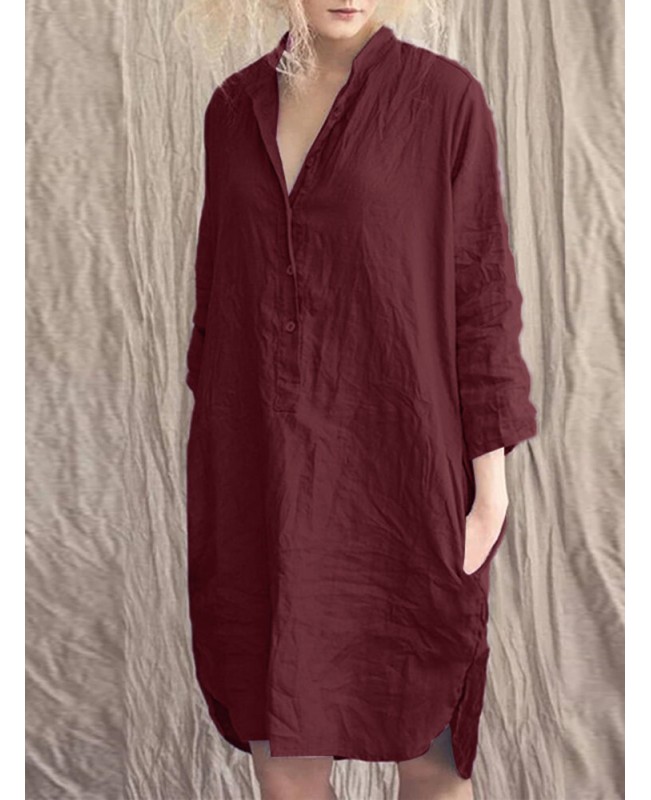 Women Solid Half Button Side Split Simple Long Sleeve Shirt Dresses With Pocket - Green S Women Solid Half Button Side Split Simple Long Sleeve Shirt Dresses With Pocket - Green S