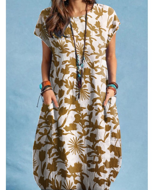 Plants Print Pocket Short Sleeve Crew Neck Casual Dress - Yellow S