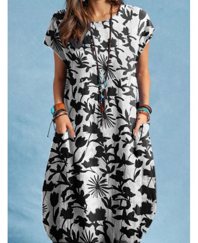 Plants Print Pocket Short Sleeve Crew Neck Casual Dress - Yellow S