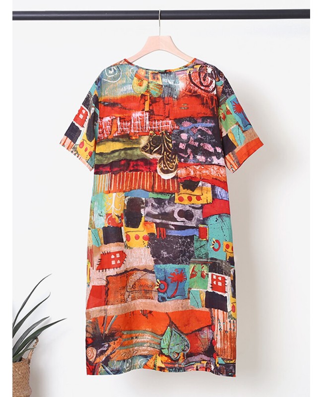 Abstract Painted Pocket Round Neck Short Sleeve Loose Midi Dress - Multicolor S
