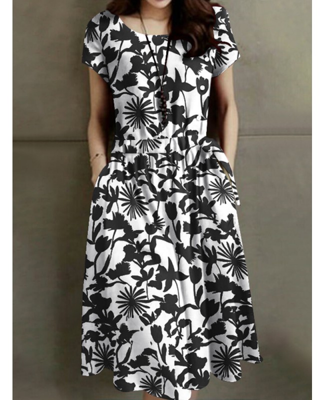 Flower Print Drawstring Pocket Short Sleeve Midi Dress - Black S