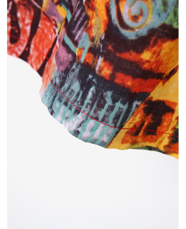 Abstract Painted Pocket Round Neck Short Sleeve Loose Midi Dress - Multicolor S