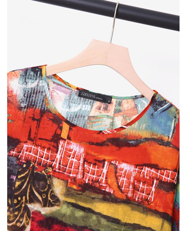 Abstract Painted Pocket Round Neck Short Sleeve Loose Midi Dress - Multicolor S