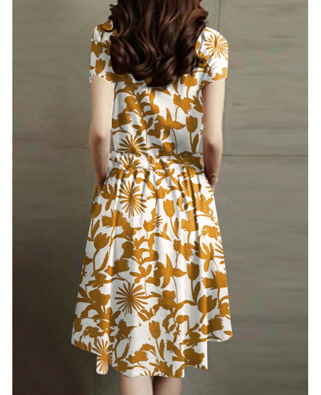 Flower Print Drawstring Pocket Short Sleeve Midi Dress - Black S